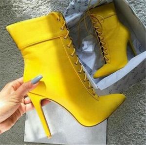 Botines de tacón alto con punta estrecha para mujer, botines elegantes con cordones, color amarillo, negro, verde militar, botines cortos, zapatos de talla grande