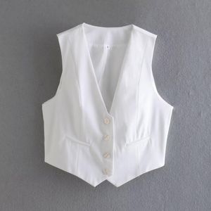 Women Elegant White Waistcoat Sleeveless Crop Jacket Chic Lady Vest Woman 2022 Summer New