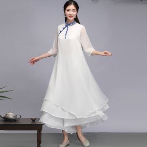 Ropa étnica para mujer Hanfu Qipao vestido de verano estilo chino Vintage blanco tradicional traje Tang bata ropa Oriental