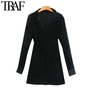 Femmes mode noir velours ajusté Mini chemise robe Vintage col en V à manches longues femmes robes Vestidos Mujer 210507