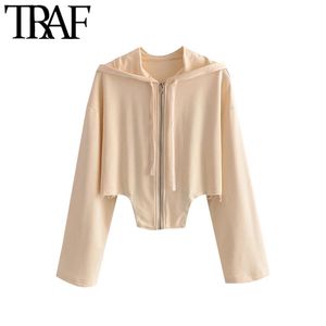 Femmes Mode Ourlet Effiloché Asymétrique Sweats À Capuche Vintage À Manches Longues Zip-up Femme Survêtement Chic Tops 210507