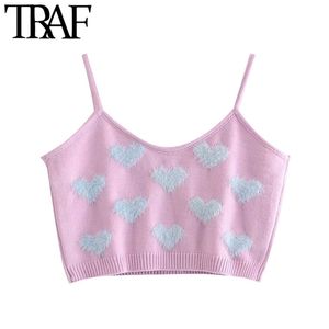 Femmes Mode Motif Coeur Recadrée Débardeurs Tricotés Vintage Dos Nu Bretelles Fines Femme Camis Chic 210507