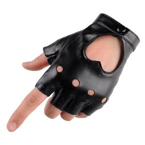 Guantes de medio dedo negros de cuero PU a la moda para mujer, guantes sin dedos huecos con forma de corazón, guantes para niño para Fitness
