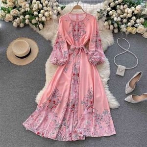 Mujeres moda cuello redondo impreso manga larga cintura alta una línea vestido elegante vintage ropa vestidos S118 210527