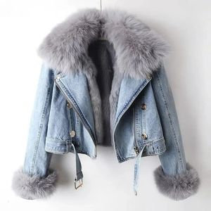 Femmes Faux Fox Fur Collar Jean Coat Veste d'hiver Femme Femme Short Parkas Rabbit Hair doublures surcons