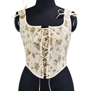 Femmes Floral Corset Crop Tanks Mode Lin Jaune Rose Fleur Imprimé Tupe Tops Vintage Plastique Désossé Overbust Bustier Camis Cyber Baby Tee Ropa Fairycore