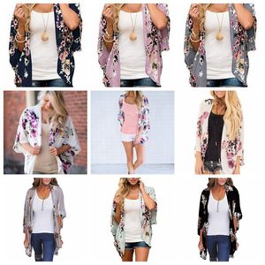 Mujer Floral Bronceado Cardigan Abrigo Batwing Manga Blusa Cubierta Verano gasa Playa Cabo Bikini Encubrimientos Kimono suelto Ropa de playa LJJA2479-16