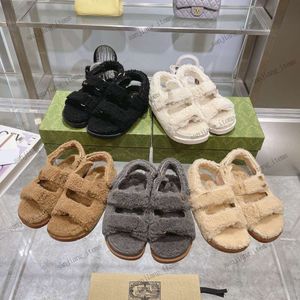 Femmes Furry Brand Dad Sandales Webs Broderie Designer Chaussures Sherpa Bouclé Fourrure Doublée Plate-Forme Appartements Chunky Wedge Boucle Mule Slingback Slip On Strap Tongs