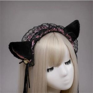 Diadema gótica de encaje con volantes para mujer y niña, cinta con orejas de gato de felpa, campana, Cosplay de Lolita, aro para el pelo GC1896