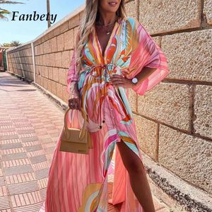 Femmes magnifiques Boho Print MAXI BEACH Robe Summer Deep V Slit Elastic Party Robe Elegant Holiday Long Robe Vestidos 240322