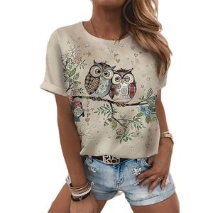 Camiseta gráfica de mujer con estampado de pájaros de dibujos animados y cuello redondo Diseño pintado a mano superior Patrón de impresión 3D Diseño de flores de gran tamaño para mujer 220616