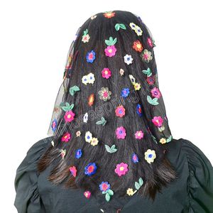 Accesorios para el cabello para mujer, chal de encaje, bordado, mariposa, libélula, flor, hiyab, bufanda para el cabello con diadema, tocado de moda
