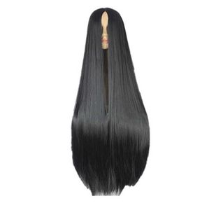 Femmes cheveux synthétiques Fei show perruque noire 100 cm 40 pouces fibre résistante à la chaleur longue Halloween carnaval Costume Cos jouer droit 0527