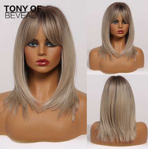 Femmes cheveux synthétiques longueur moyenne Ombre brun à blond perruques droites avec frange pour Cosplay résistant à la chaleur naturel 0527