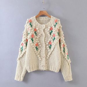 Femmes fait à la main floral chaud cardigan hiver mode dames o-cou manches bouffantes bouton pull vintage femme preppy style 210521