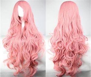Mujeres Harajuku Cabezón Ombre Pastel Long Pink Wavy Wigs Curly Bangs Oblique 100cm Cosplay Wigs sintética resistente al calor75167778