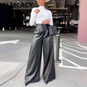 Mujeres de cintura alta pierna ancha PU pantalones de cuero elegante chic streetwear pantalones pantalones 210702