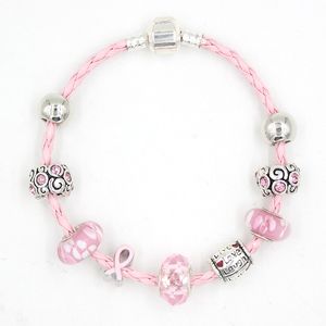 Joyería de mujer, venta al por mayor, 2021, Pulsera de cáncer de mama, pulseras de concientización de cinta rosa, brazalete de cuentas de cristal de murano con patrón de flores, Pulsera