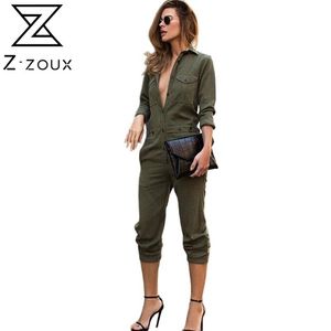 Femmes Jumersuit Armée Green Rompers S Taille haute Slim Manches longues Mode 210513