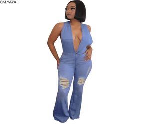 Mujeres Jumpsuits Denim Deep Vneck Open Open Back Sleeveless de pierna ancha Jeans Jeans Suit Fashion Streetwear One Piece General Rompe9497401