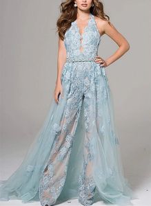 Femmes Dentelle Combinaisons Robes De Bal Avec Train Détachable Sans Manches Halter Cou Dos Nu Sexy Formelle Robes De Soirée Bleu Clair Mariée Réception Elopement Porter