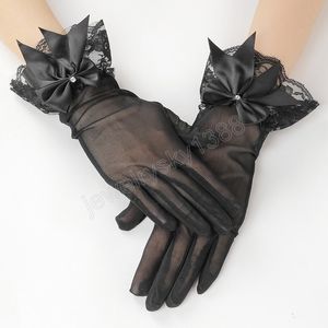 Femmes dentelle maille gants dames blanc noir poignet gants grand noeud noeud mariage gant accessoire de fête court Tulle gants