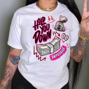 Tallas grandes 3xl 4xl 5xl Camiseta de diseñador para mujer 2023 Nuevas damas Camiseta de manga corta con cuello redondo suelta Serie de dinero Camisetas con estampado de dibujos animados 20 patrones para su elección