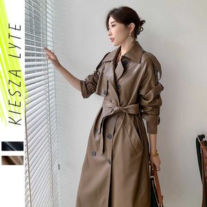 Femmes Long PU Cuir Trench Coat Black Brown Sashes Lâche Faux Manteaux Veste Mode Vêtements Bonne Qualité 210608