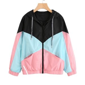 Abrigo deportivo informal de manga larga con bolsillos y cremallera para mujer, cortavientos multicolor cortado y cosido con capucha, abrigos 211014