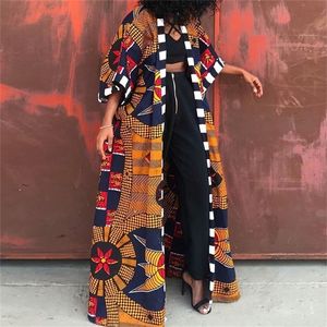 Femmes Long Trench Coat Mode Style Africain Streetwear Cardigan surdimensionné Printemps Automne Vêtements Vintage Floral Print Outwear 201211