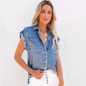 Mujeres sueltas sin mangas camisa de mezclilla verano elegante cuello vuelto bolsillos hembra casual azul solo pecho denim blusas top 210416