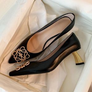 Femmes luxueuses Chaussures à talons hauts authentiques boucle noire à paillettes en cuir véritable talon épais 5,5 cm confortable