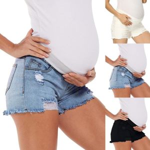 Femmes Bands élastiques de maternité Jeans Color Solid Ripped Denim Shorts Bottoms 2772