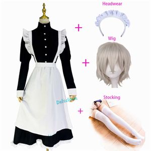 Mujeres Hombres travesti Sissy Maid traje largo negro blanco delantal vestido ama de llaves uniforme Anime Halloween Cosplay disfraz peluca Y0903