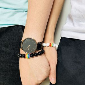 Mujeres Hombres Bandera del arco iris Bola Piedra natural 18 Ágata Cuentas de ónix negro Pulsera Brazalete Junio LGBT Orgullo GAY Pareja Pulseras Joyería para el amor