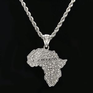 Femmes Hommes Chaîne Afrique Carte Pendentif Collier Plaqué Or Jaune Glacé Pavé Strass Bling Bling Bijoux Hiphop