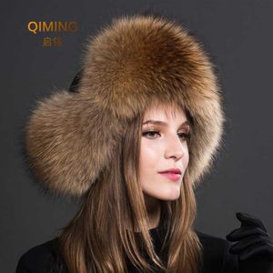 Women Natural Raccoon Fur Caps Russian Ushanka Hats Winter Thick Warm Ears Fashion Bomber Hat Lady Genuine Real Fur Cap203f