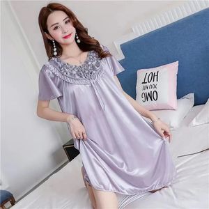 Femmes chemises de nuit Sexy Satin soie doux vêtements de nuit grande taille S-XL déshabillé en dentelle Robe Sexy Lingerie Robe Mini Homedress chemise de nuit 240314