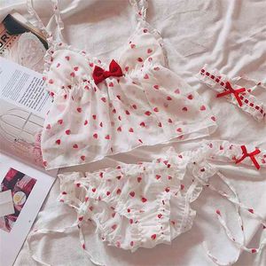 Women Pajamas Set Sexy Lingerie Lace Cut Night Ladies Sleeveless Sleepwear wear Strawberry Print for 210830