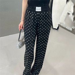 Pantalones de mujer con letras de diamantes de imitación, pantalones rectos con cintura elástica, pantalones largos informales de diseño a la moda para mujer