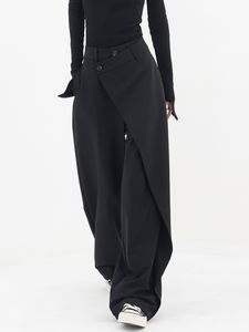 2023 High-Waisted Wide-Leg Black Pants for Women - Patchwork Design, Solid Color, Full-Length Spring Casual Trousers