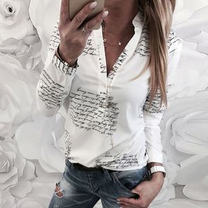 Chemisiers femmes chemises femmes lettres unies chemisier blanc Femme décontracté à manches longues col en V bouton chemise hauts Femme 2021 @ 30