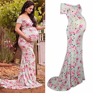Mujeres embarazadas Sexy fotografía Props hombros descubiertos estampado enfermería vestido largo ropa de maternidad verano moda vestido de maternidad