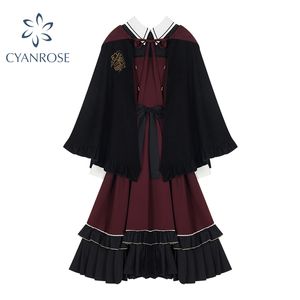 Femmes Preppy Style Robe avec châle Fluffy Frocks Femme Rouge Japonais Lolita Style Vintage Gothic School Student Princess Dresse 210417