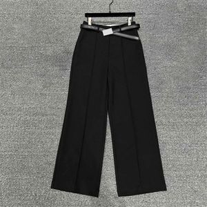 Pantalones de lujo para mujer, pantalones negros de pierna recta con cinturón, pantalones casuales para mujer