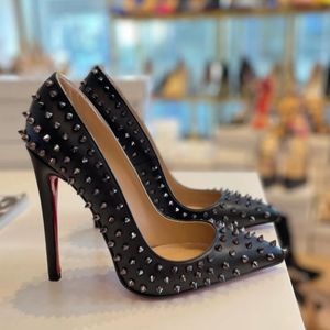 Femmes Escarpins Été Rivet Talons Hauts Bout Pointu Stiletto Dames En Cuir Bouche Peu Profonde Classique Noir Chaussures amusantes pour femmes à la mode 8 cm 10 cm