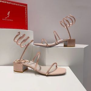 Sandalias Rene Caovilla para mujer, tacón grueso de 4,5 cm, correa de tobillo decorativa de cristal envuelta en serpiente con sandalia de diseñador de lujo de moda de cuero genuino