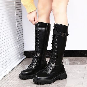 Mujer 2021 Otoño y botas Invierno con cordones Caballero Punta redonda Hebilla de cinturón de encaje 95282