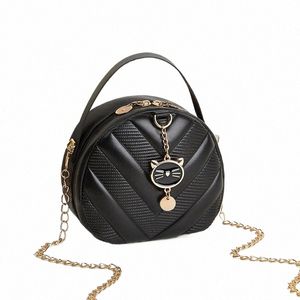 Bolso de mujer Trendy Fi Casual en forma de V Patrón en relieve Cat Colgante Diagal Cross Pequeño bolso redondo Bolso de hombro N6Q6 #