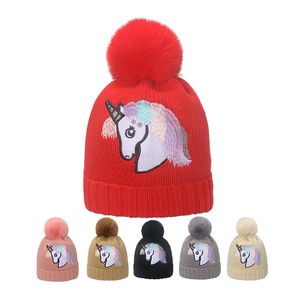 Gorro de mujer, gorros sin ala de diseñadores de otoño e invierno, gorro bordado con patrón de unicornio tejido de lana de color caramelo a la moda